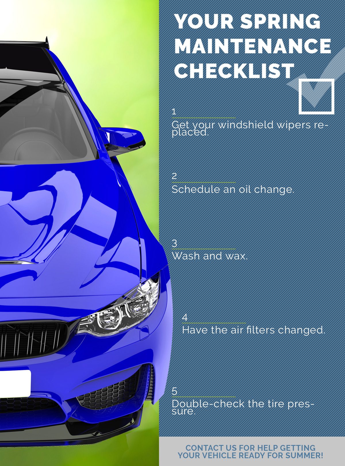 Graphic of blue car beside spring maintenance checklist with five seasonal auto care reminders.