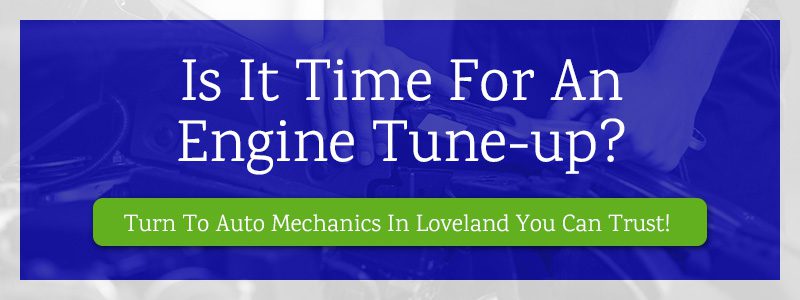 Blue banner asks if it is time for an engine tune-up with green button for Loveland mechanics.