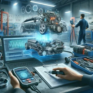 Technicians use digital tools for engine diagnostics, with holographic displays of car components in a high-tech garage.
