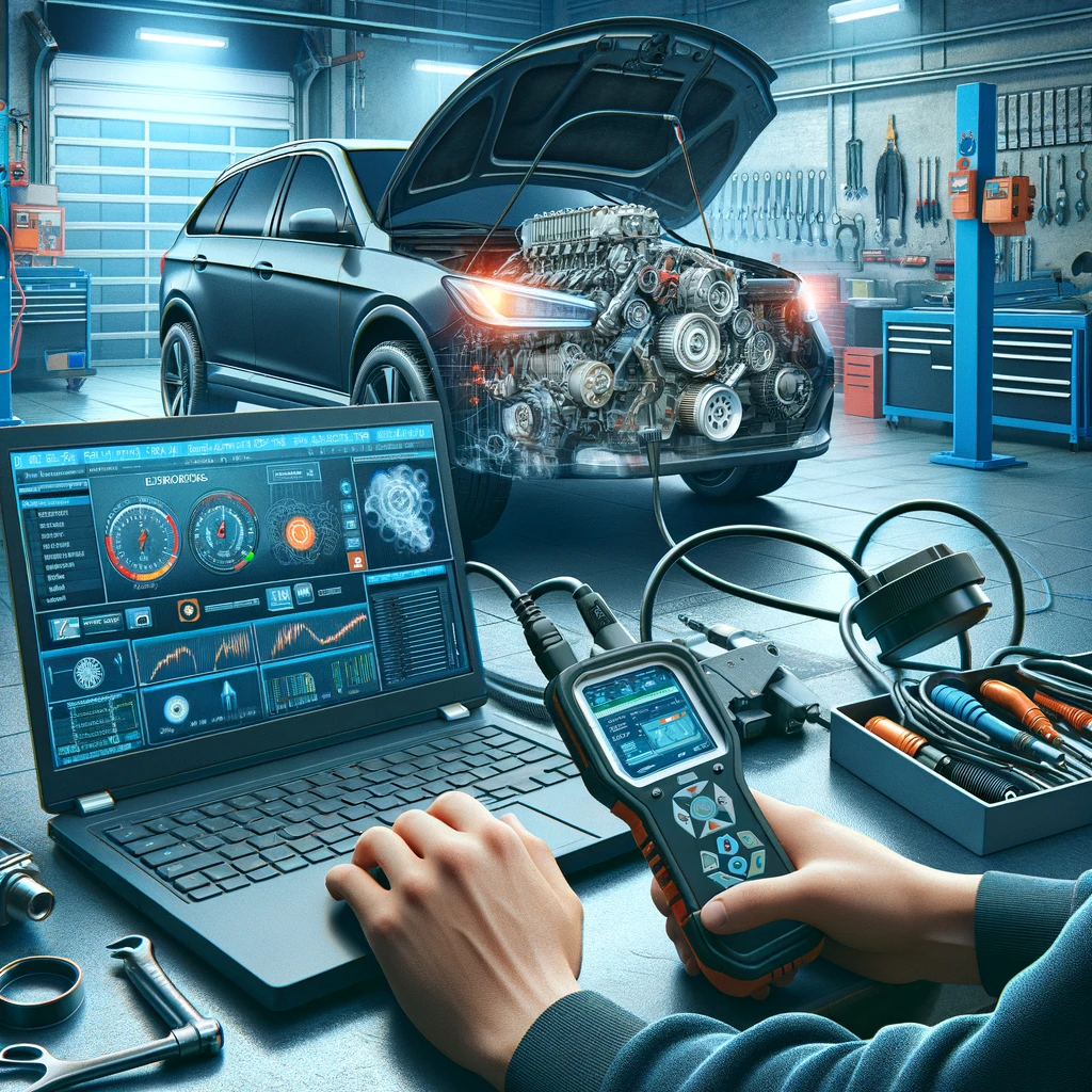 A mechanic uses a laptop and handheld device for engine diagnostics on a car in a high-tech garage, with digital data.