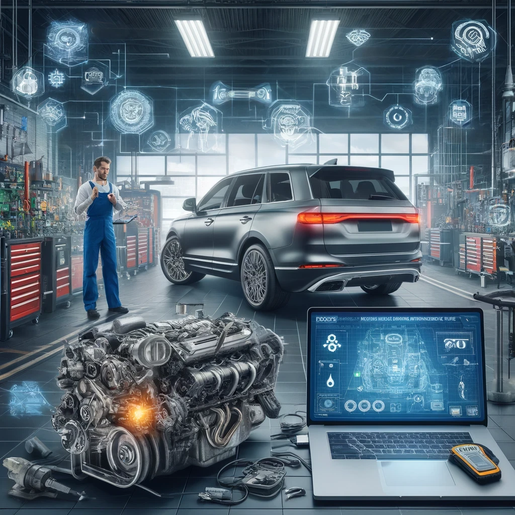 A mechanic in a high-tech garage uses tools and holographic displays for engine diagnostics on a car, with data on a laptop.