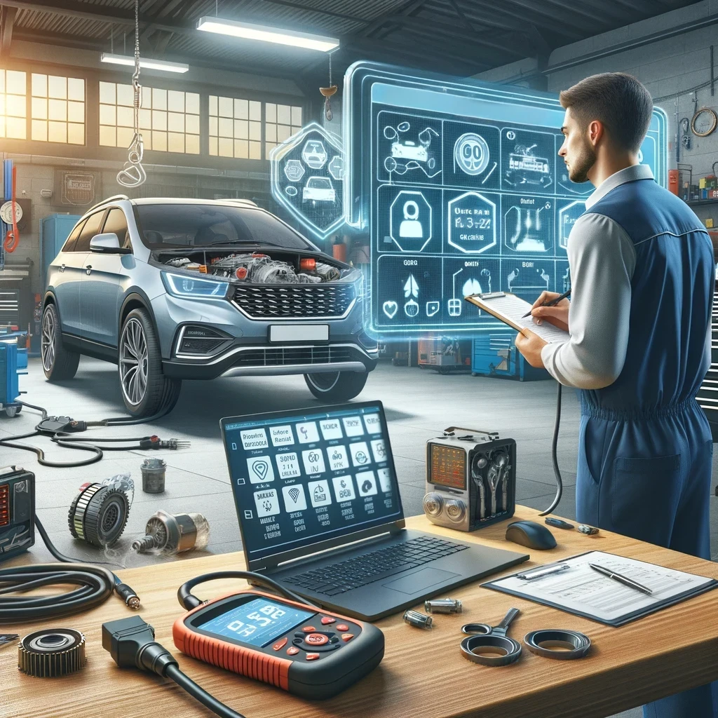 A high-tech garage uses digital tools and holographic displays for engine diagnostics on a car, noting data on a clipboard.