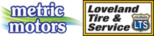 Logos of Metric Motors Loveland Tire & Service, highlighting their expertise in engine diagnostics and automotive services.