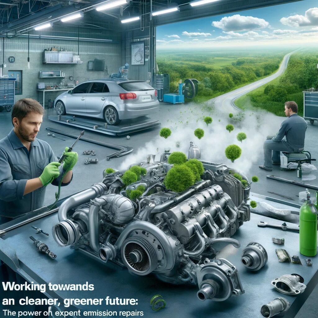 Mechanics working on car engine emission repairs in a green, eco-friendly workshop highlighting environmental benefits.