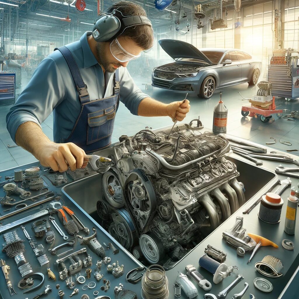 Mechanic in a workshop, wearing safety gear, working on a with various tools and parts laid out on the table.