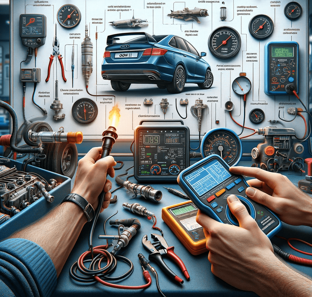 Technicians using diagnostic tools and gauges on a car, surrounded by automotive parts and instruments in a workshop.