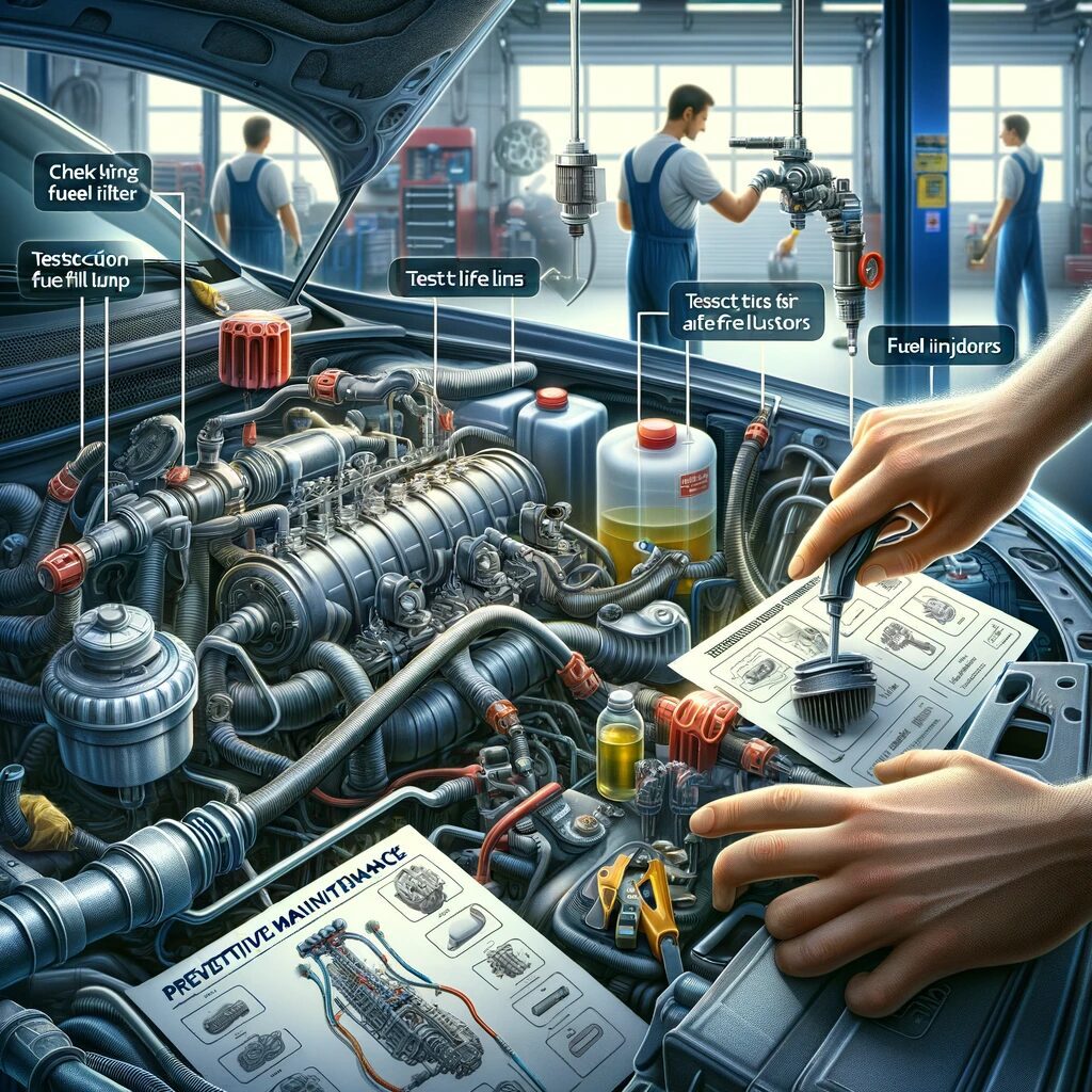 Mechanic performing preventive maintenance on a car engine, with labeled components and tools, following a detailed manual.