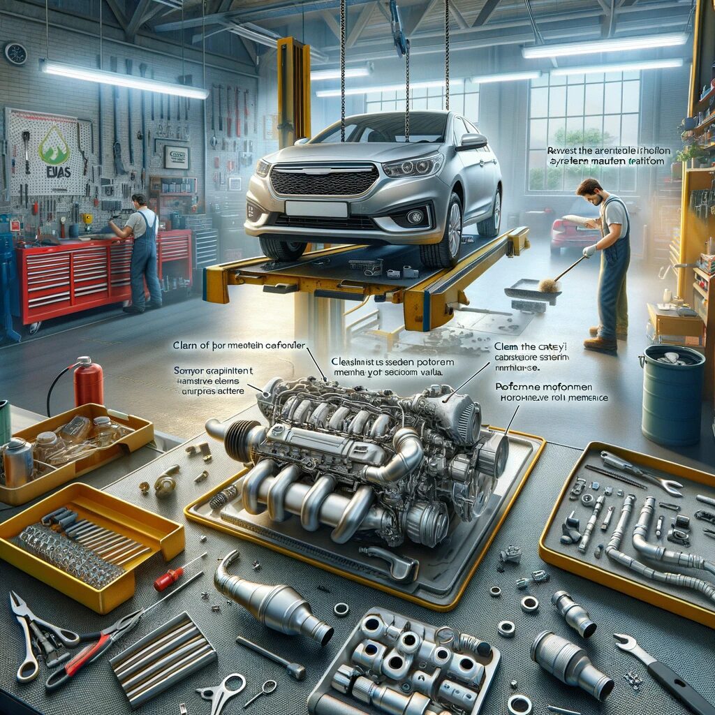 Mechanics working in auto repair shop, cars on a lift, engine parts and tools organized on a workbench, clear labels.