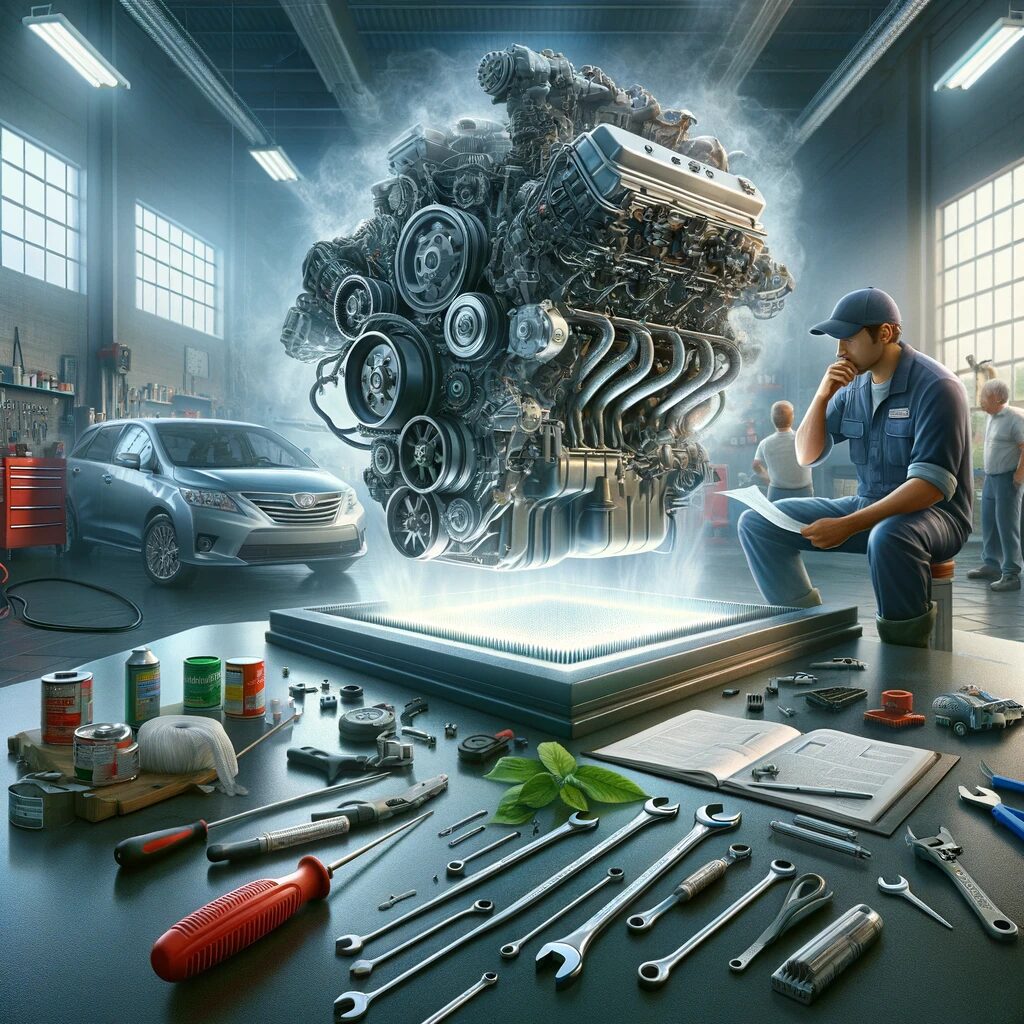 Mechanic studying a floating engine hologram in a workshop, surrounded by tools, parts, and a detailed manual on the table.