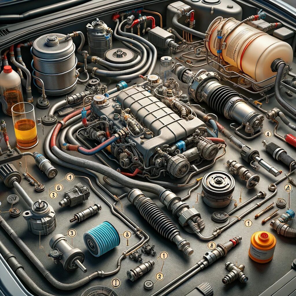 The intricate layout of an engine bay with labeled components, hoses, and tools, showcases a detailed and organized setup.