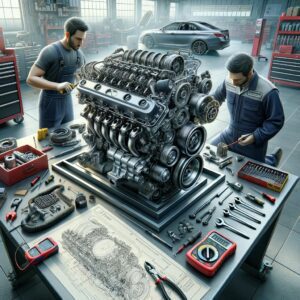 Two mechanics working on a large engine in a detailed workshop, surrounded by tools, parts, and technical diagrams.