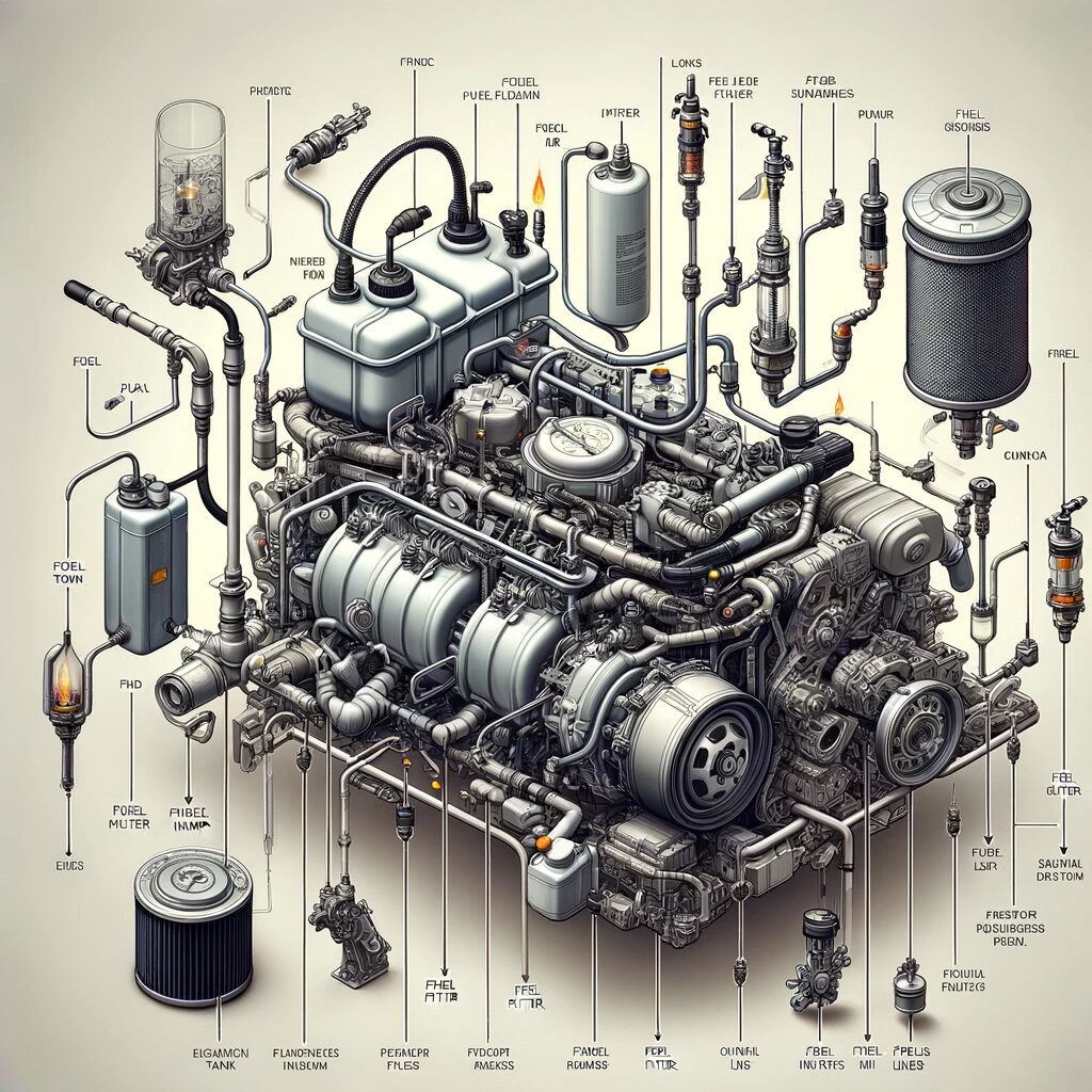 Diagram of a car engine's fuel system, showcasing various components and their connections in a technical illustration.