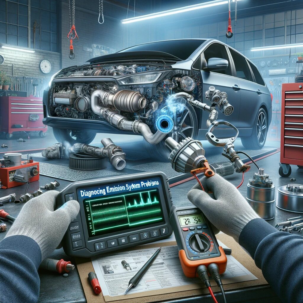 Mechanic diagnosing emission system with high-tech tools in a workshop, engine exposed and detailed, displaying live data.