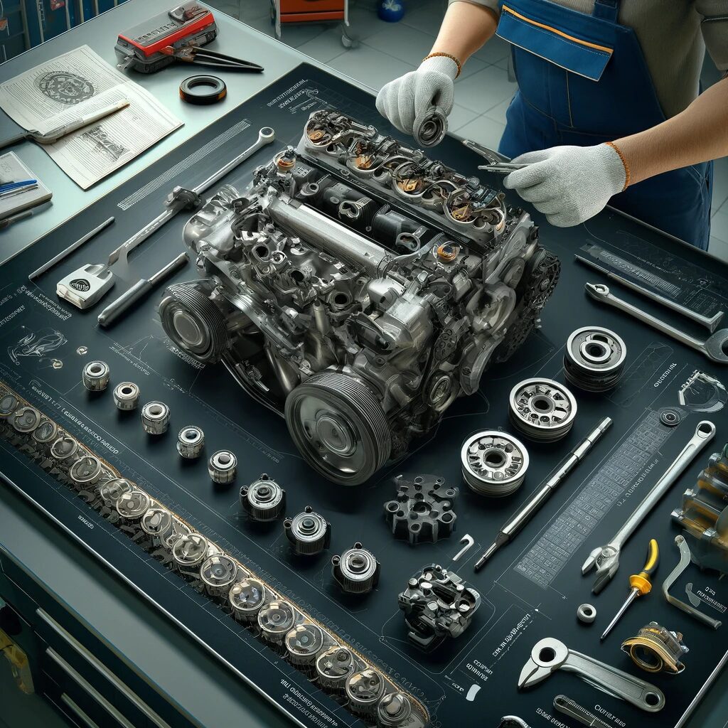 Mechanic assembling engine parts with detailed blueprints, surrounded by tools and components in an organized workshop.