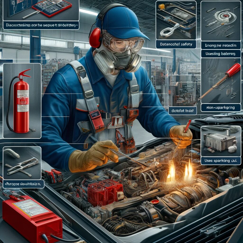 Mechanic wearing safety gear and using tools to work on a car engine, with safety instructions and components highlighted.