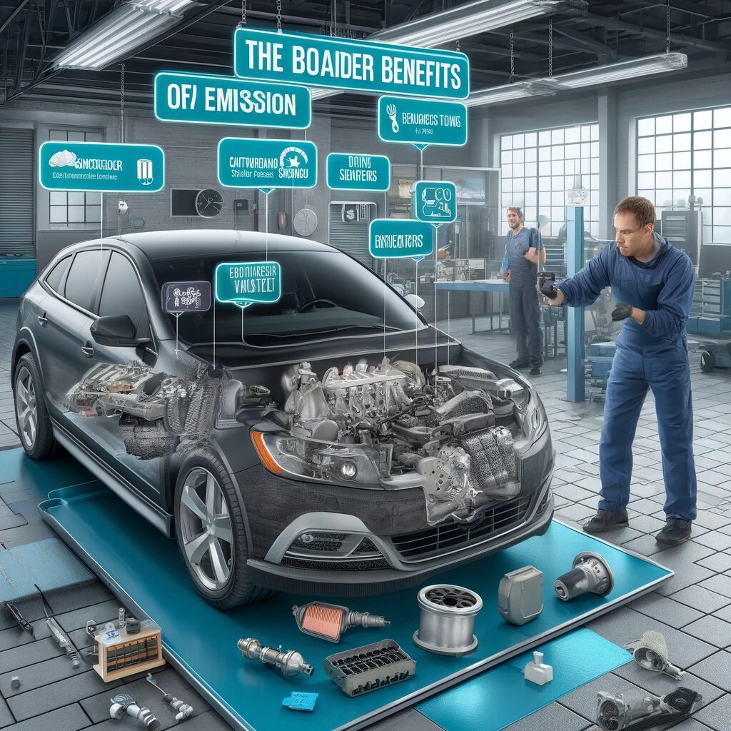 Mechanic explaining car emission benefits, parts labeled, engine visible, in a high-tech auto repair shop with other workers.