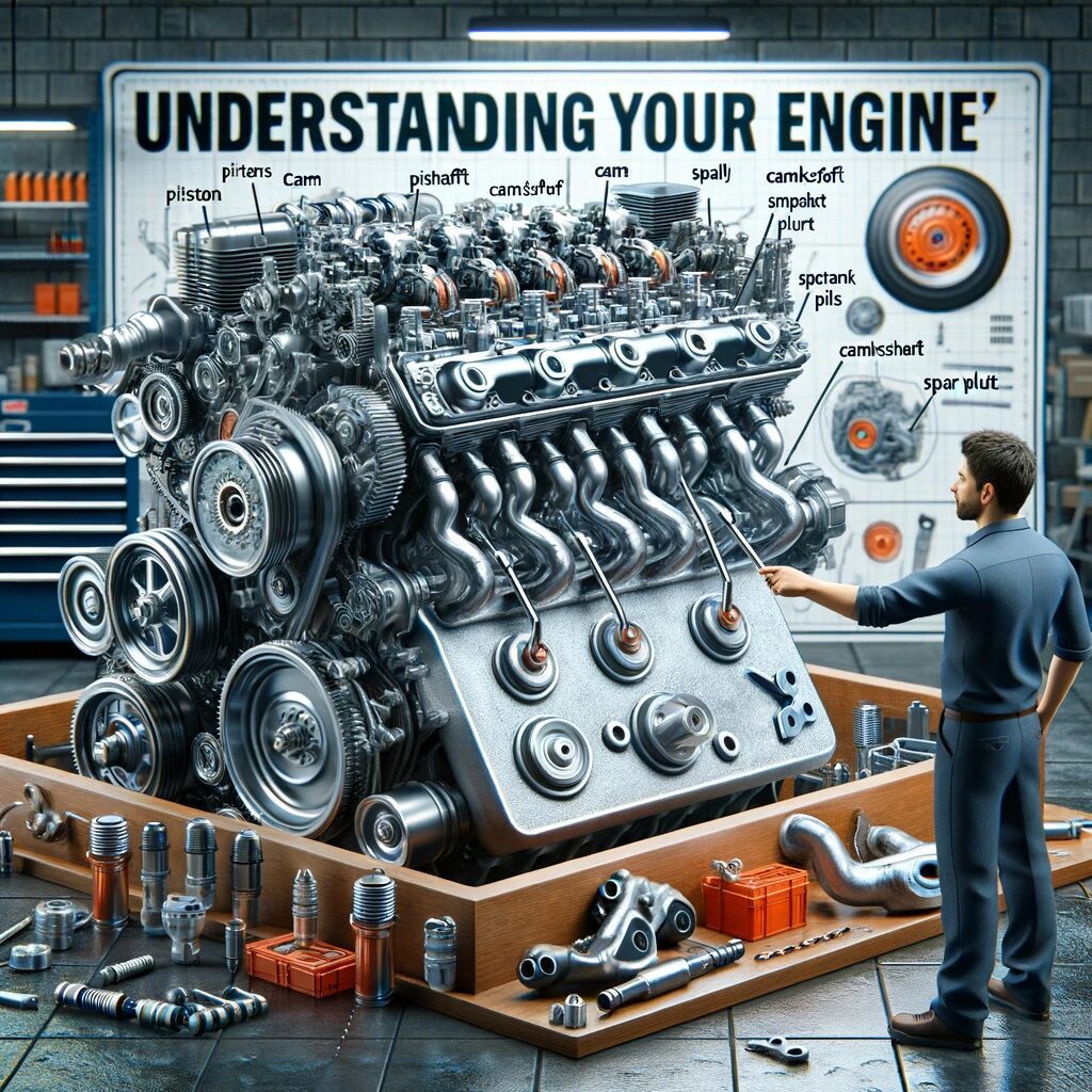 Mechanic explaining engine parts in a workshop with a large diagram, showcasing intricate engine components and tools.