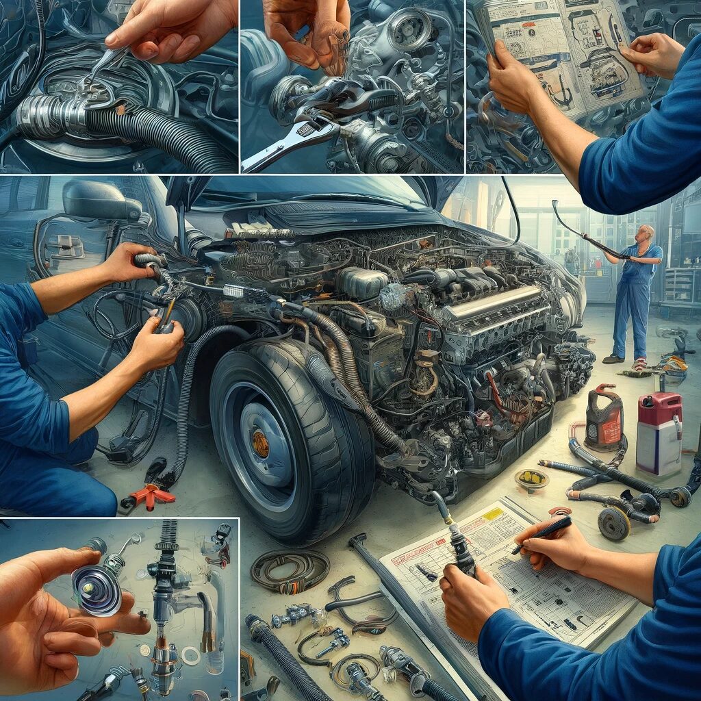 Mechanics working on a car engine, using tools and manuals, with close-ups of various engine components and repair steps.