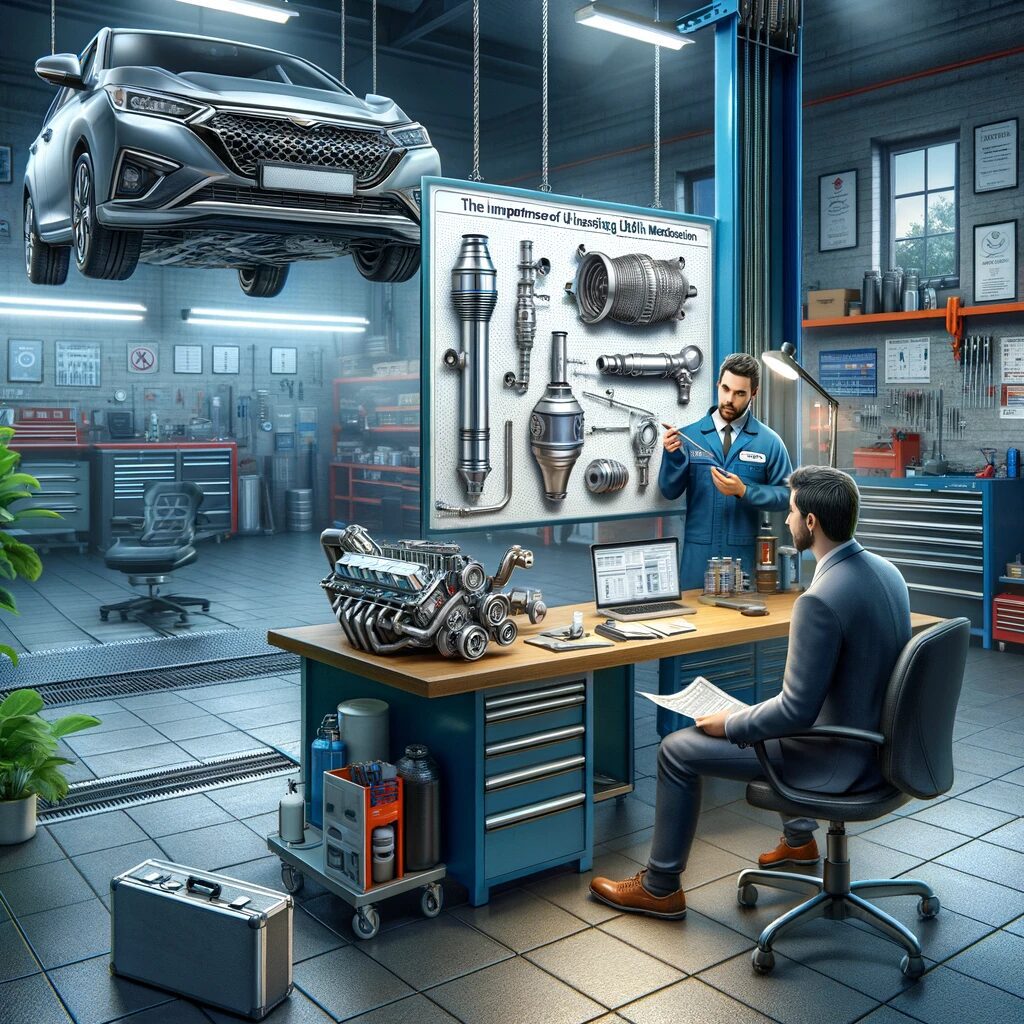 Mechanics discussing car engine components in a modern auto repair shop, with a car on a lift and various tools displayed.