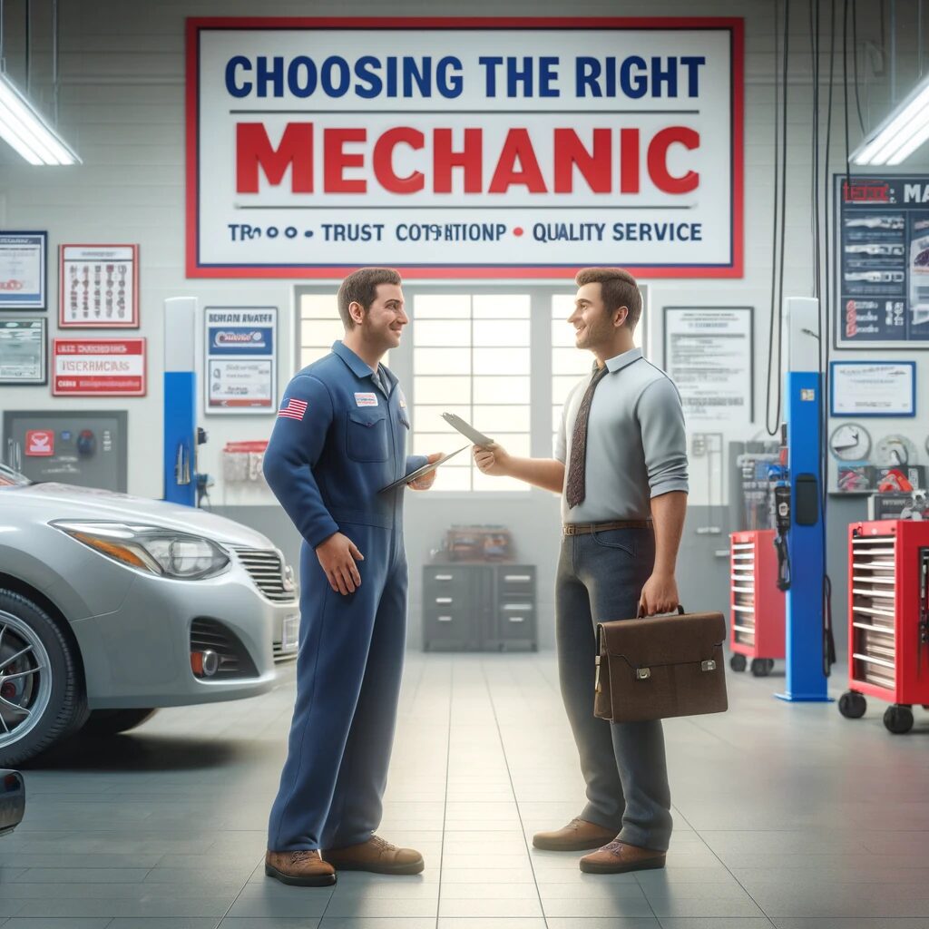 Mechanic and customer smiling in an repair shop, discussing services under a sign "Choosing the Right Mechanic."