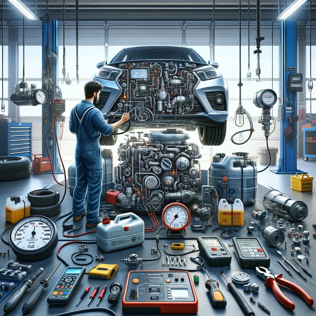 Mechanic working on a car engine in a high-tech garage, surrounded by tools, gauges, and car parts meticulously arranged.