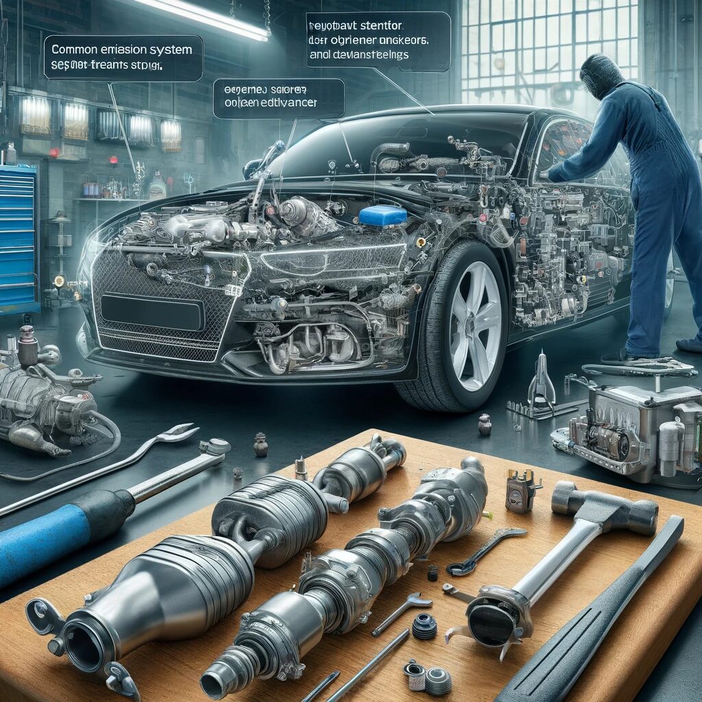 Mechanic diagnosing a car's emission system with engine parts exposed, various tools and components laid out on a table.