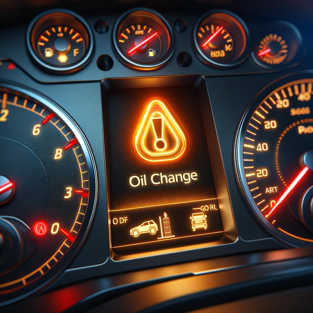 Close-up of a car dashboard showing an illuminated oil change warning light, indicating the need for maintenance.