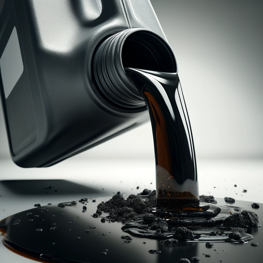 Dirty motor oil is being poured from a container, highlighting the need for regular oil changes to maintain engine health.