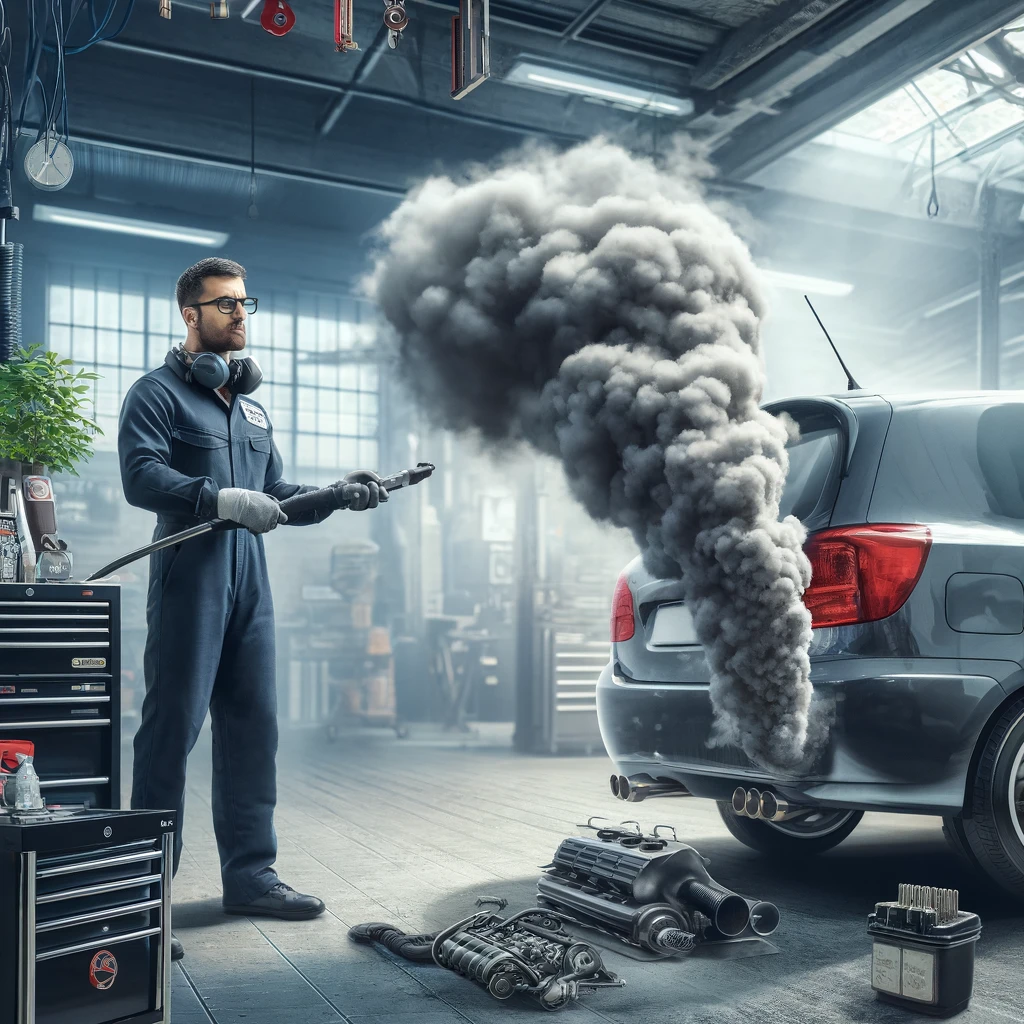 A mechanic in a garage examines a car with thick black smoke from its exhaust, surrounded by various engine parts and tools.