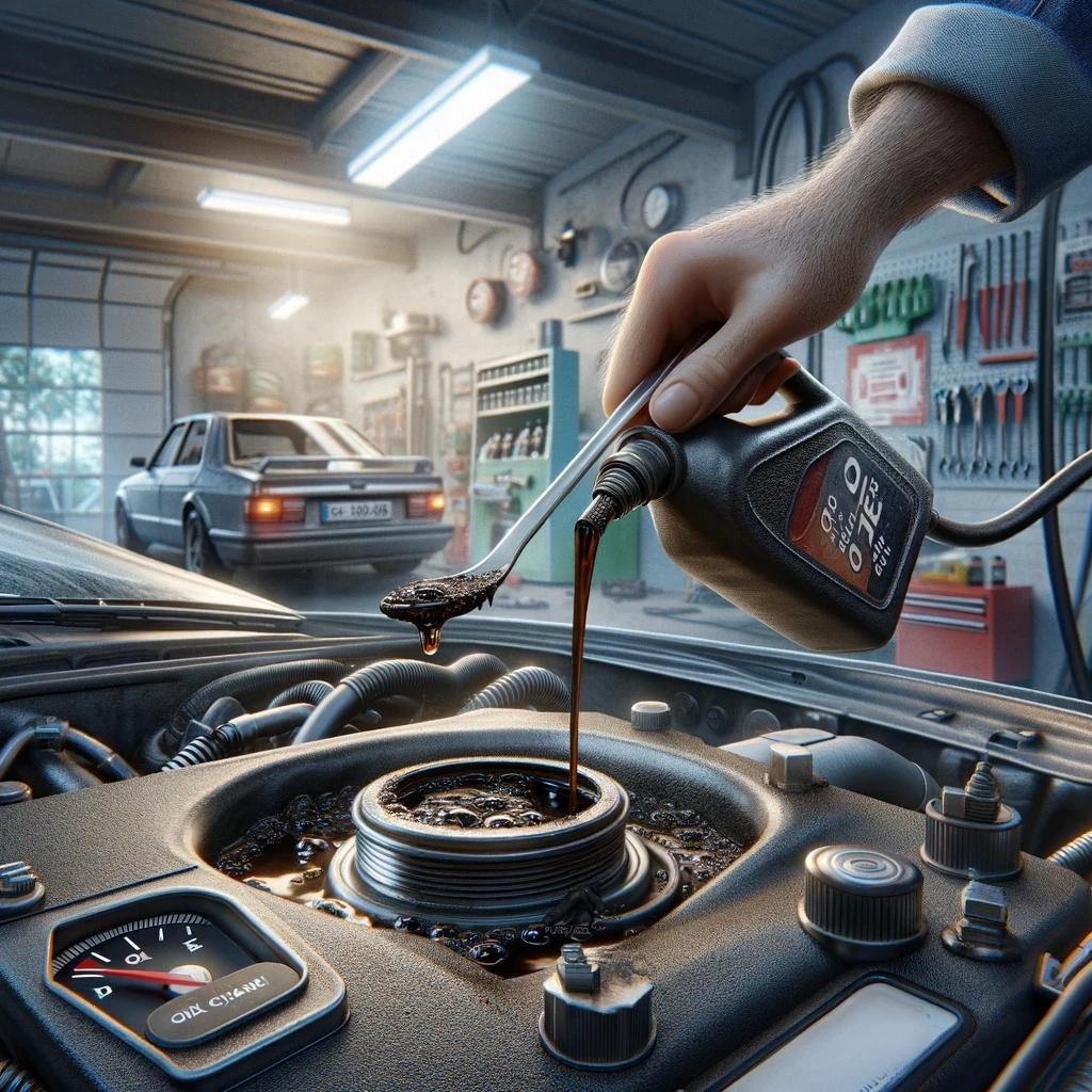 A mechanic pouring oil into an engine, with an oil gauge and a classic car in the background of a well-equipped garage.