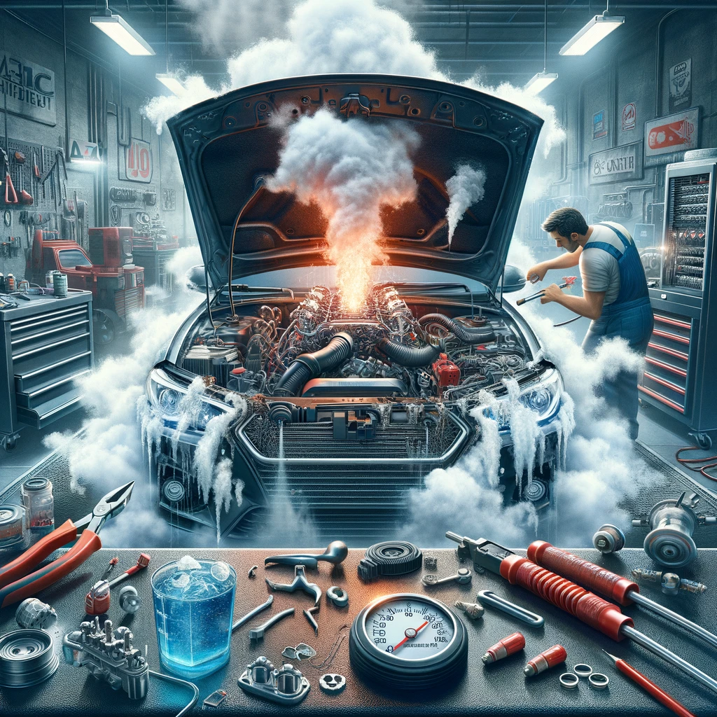 Mechanic working on a car engine with flames and smoke erupting from it, surrounded by tools and equipment in a busy garage.