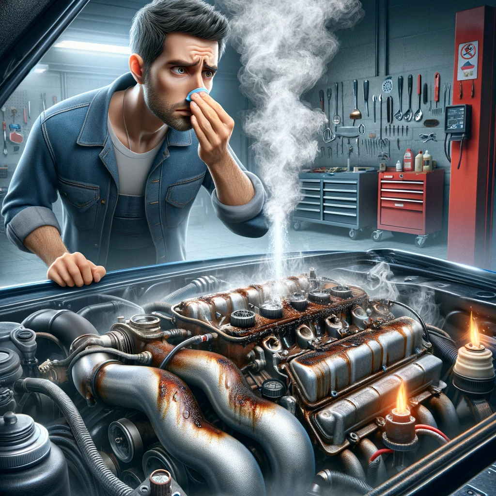 Mechanic pinching his nose at the smell of a smoking, rusty engine with visible leaks and flames, in a well-equipped garage.