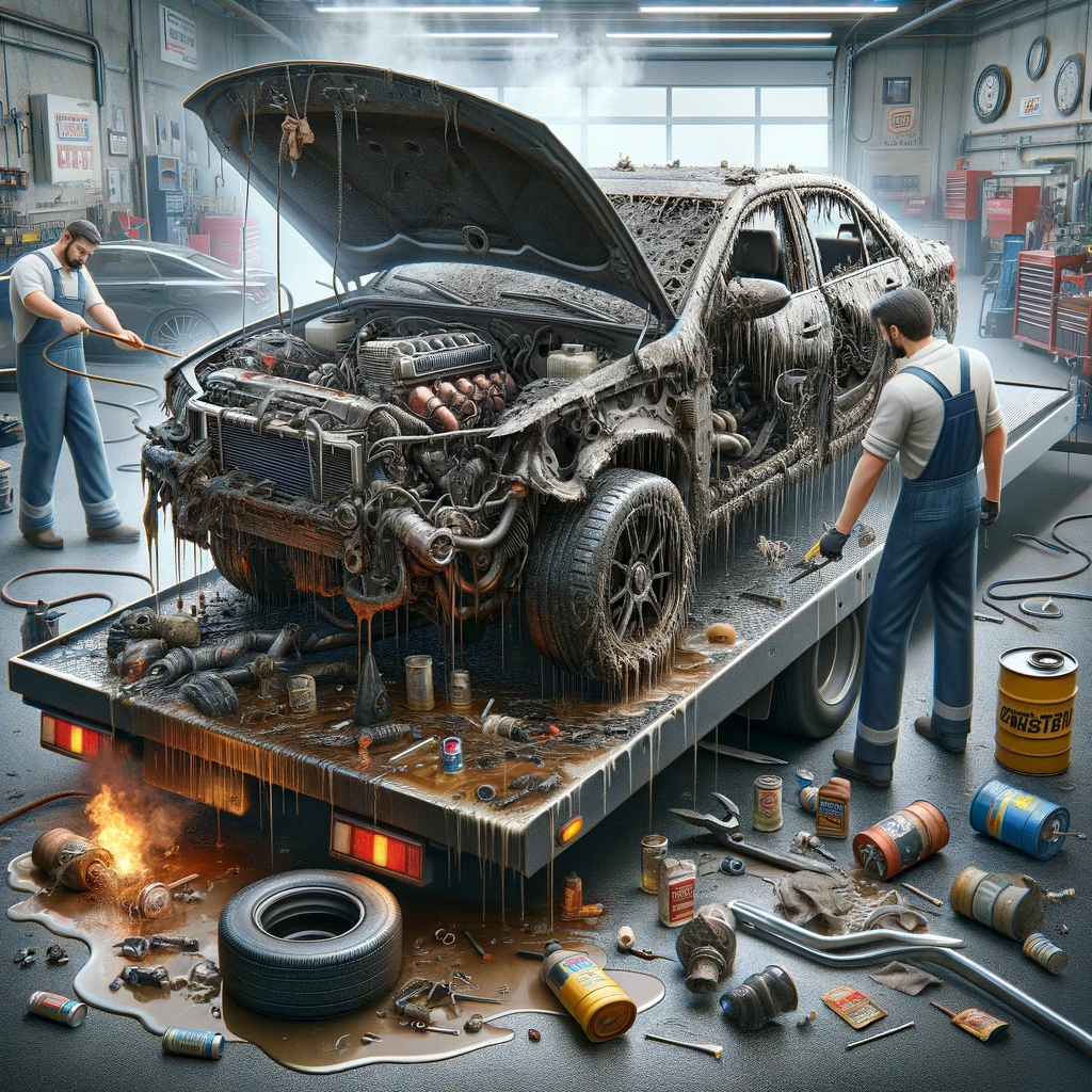 A mechanic working on a dirty and damaged car, with oil and debris scattered around in a cluttered and chaotic garage.