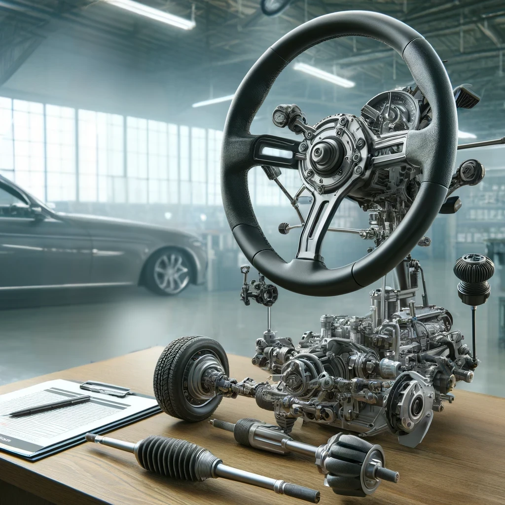 A view of a car's steering and suspension system components on a table, highlighting their intricate design and mechanics.