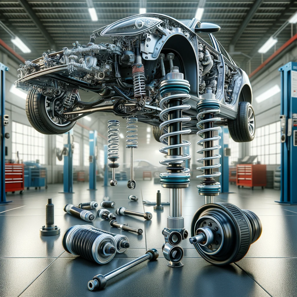 A car in a garage with its steering and suspension components disassembled and displayed, showcasing detailed parts.