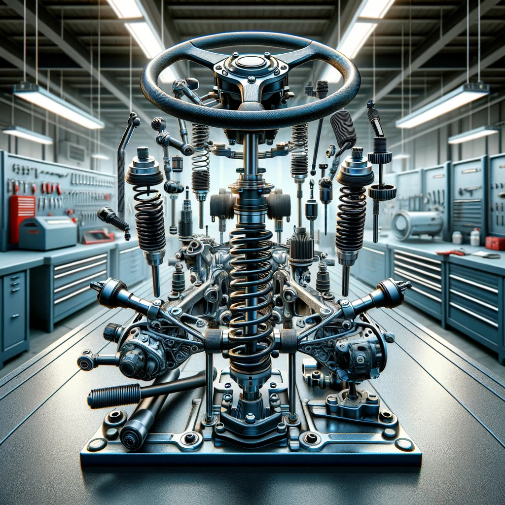 A detailed assembly of a car's steering and suspension system in a high-tech garage, highlighting precision engineering.