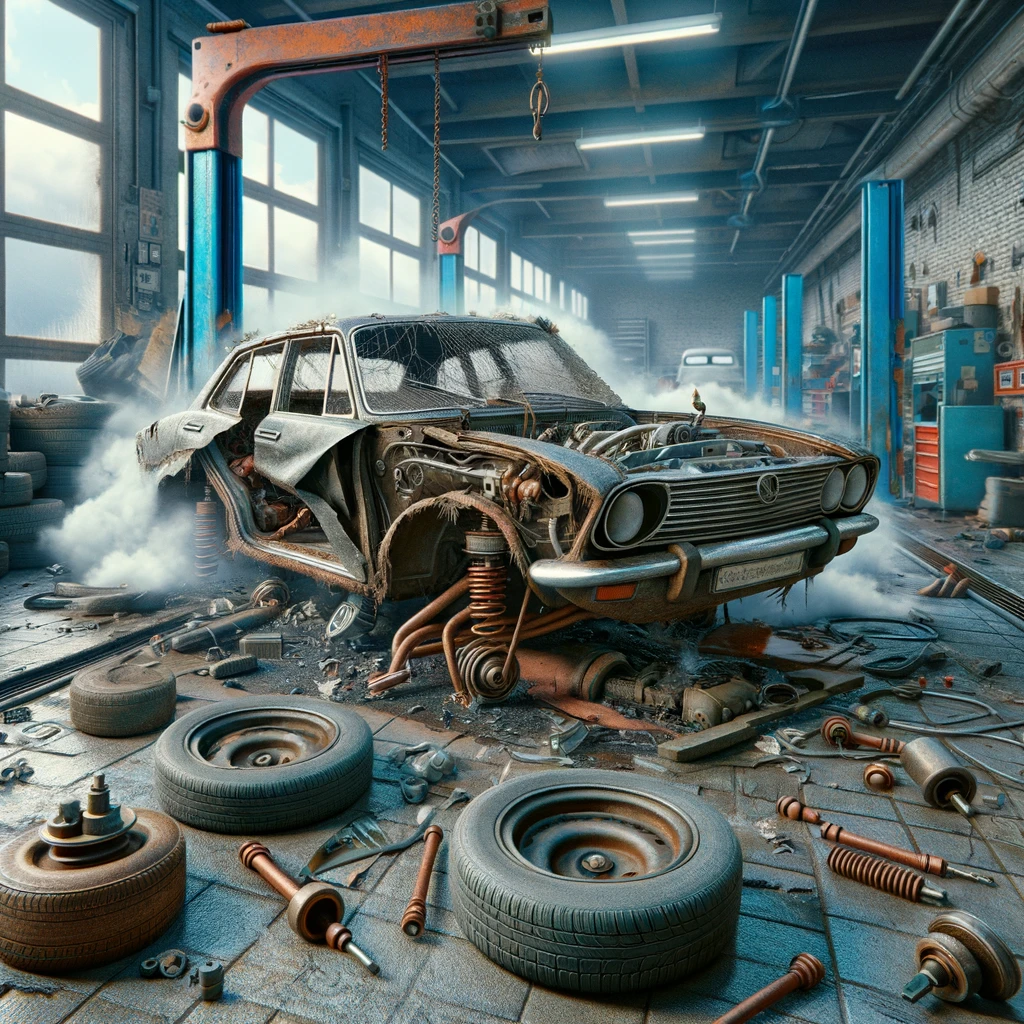 A disassembled vintage car in a cluttered auto repair shop, surrounded by various parts and tools, with a smoky atmosphere.