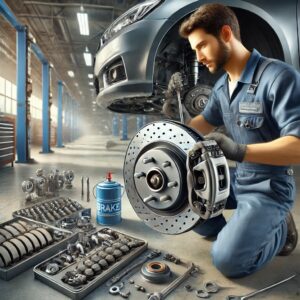 Brake Repair: A mechanic in a garage meticulously works on a car's brake system, surrounded by tools and brake components.