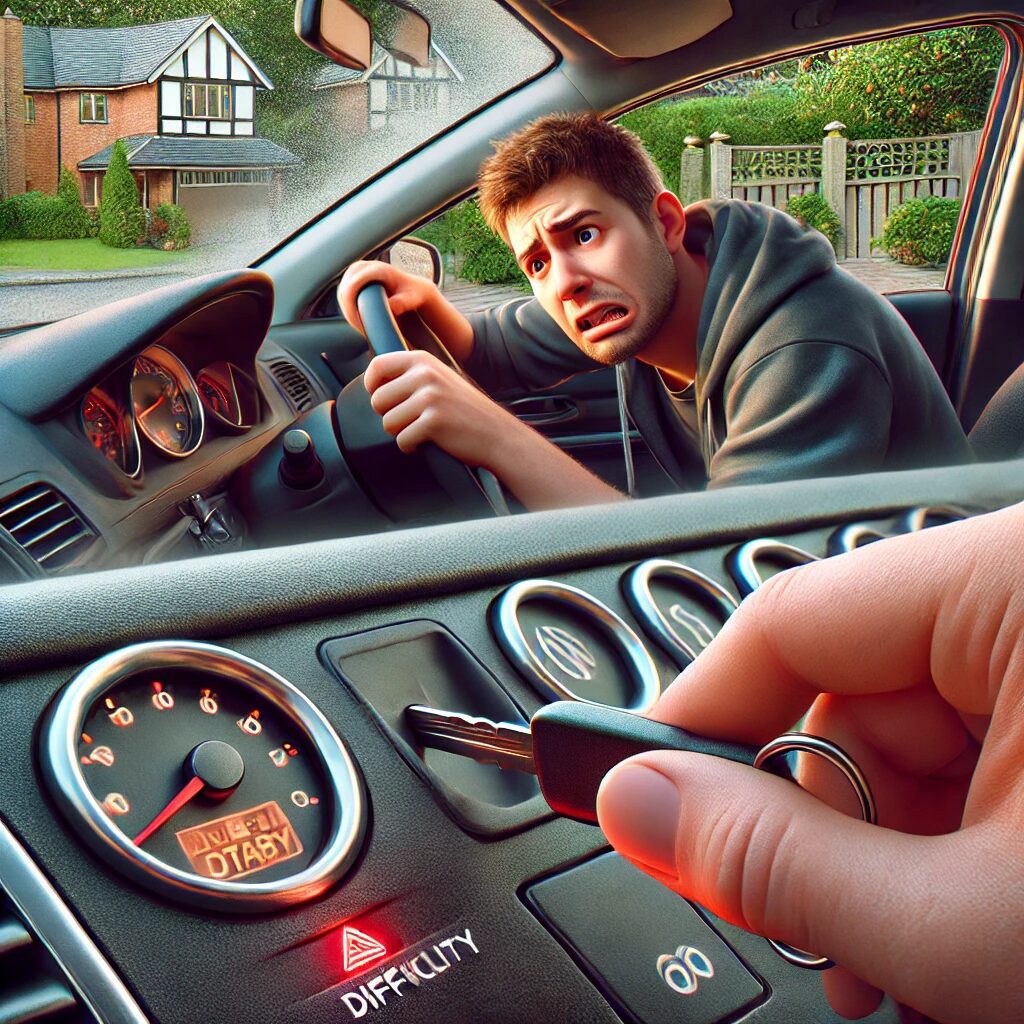 A man in a hoodie looks distressed, struggling to start the car with warning lights on the dashboard.