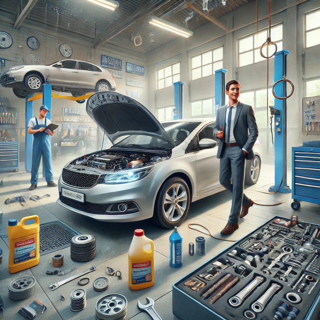 A man in a suit inspecting a car with its hood open in an auto repair shop, surrounded by various tools and equipment.