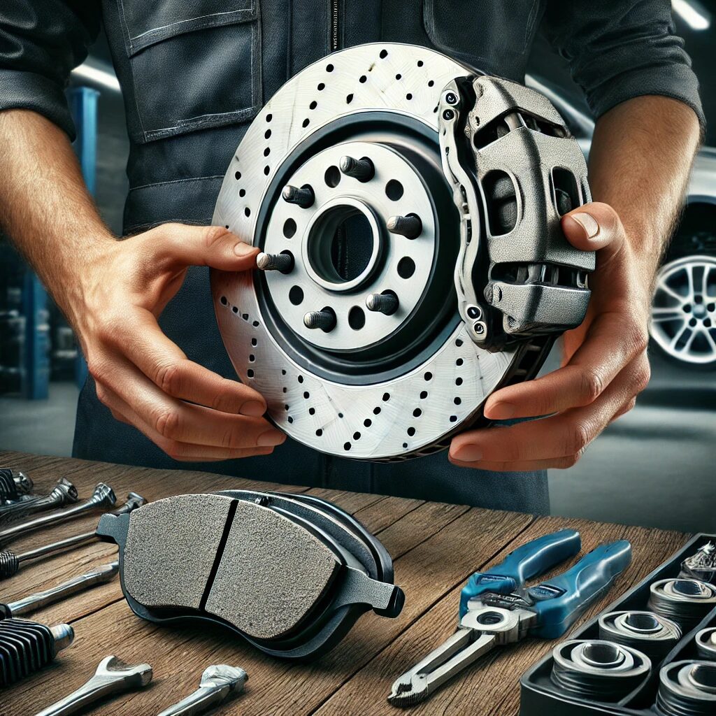 Brake Repair: Close-up of a mechanic holding a brake rotor and caliper, with tools and brake pads on the workbench.