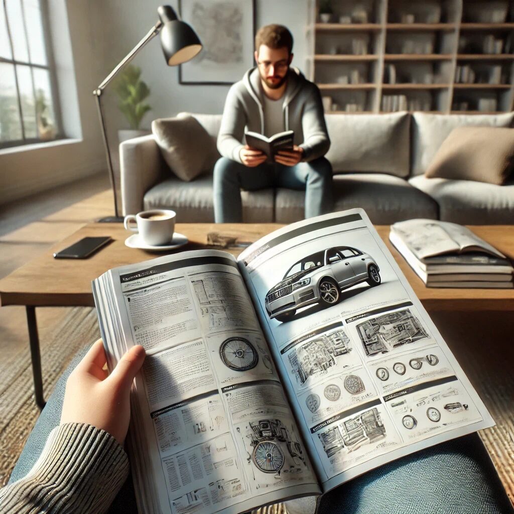 Person reading a car maintenance manual with detailed diagrams in a cozy living room, while another person reads on a sofa.