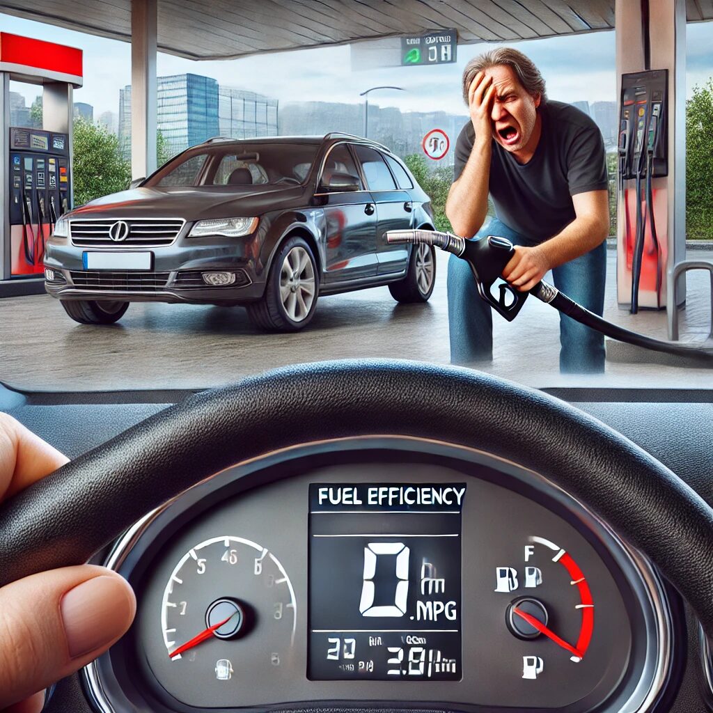 Frustrated driver at gas station with poor fuel efficiency reading, highlighting the need for regular vehicle Tune-Up.