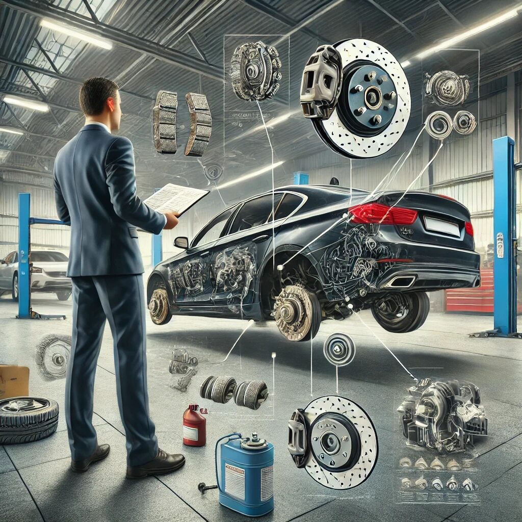 A man in a suit inspects a detailed exploded view of a car's brake system in a high-tech garage.