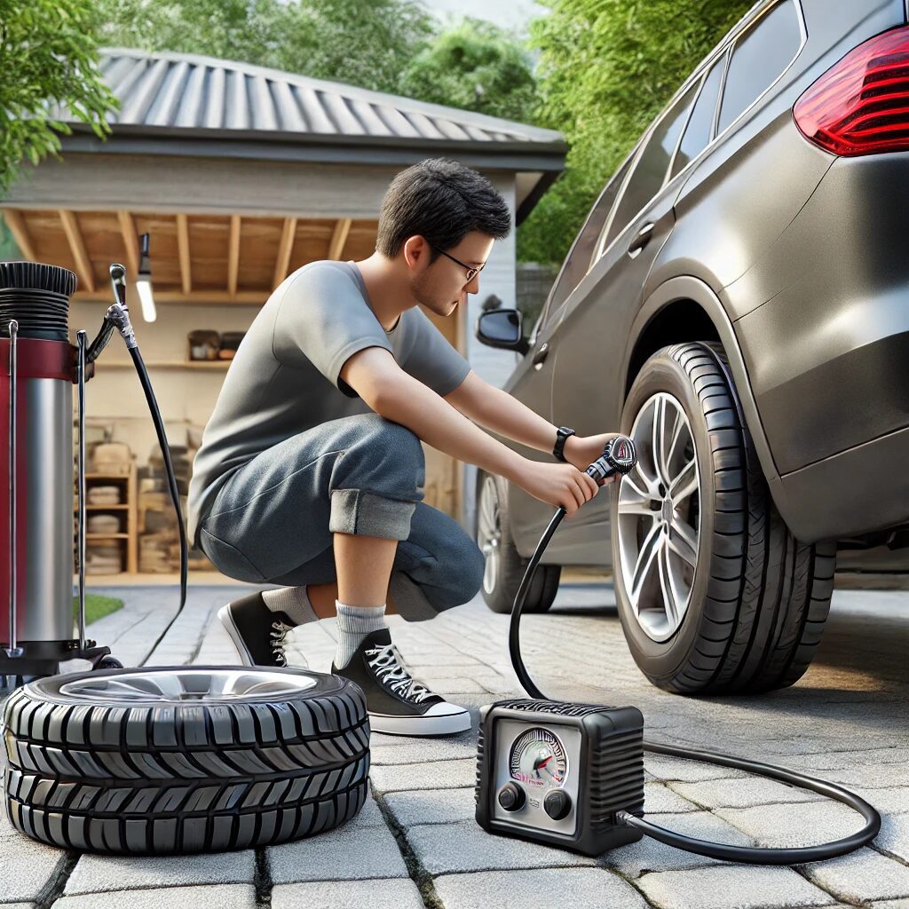 Man checking tire pressure and inflating tires at home, demonstrating essential steps for vehicle upkeep.