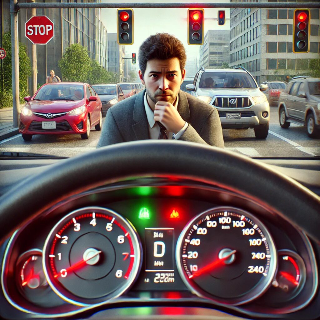 A driver stuck at a red light in traffic, pondering the need for a vehicle tune-up to improve performance and efficiency.