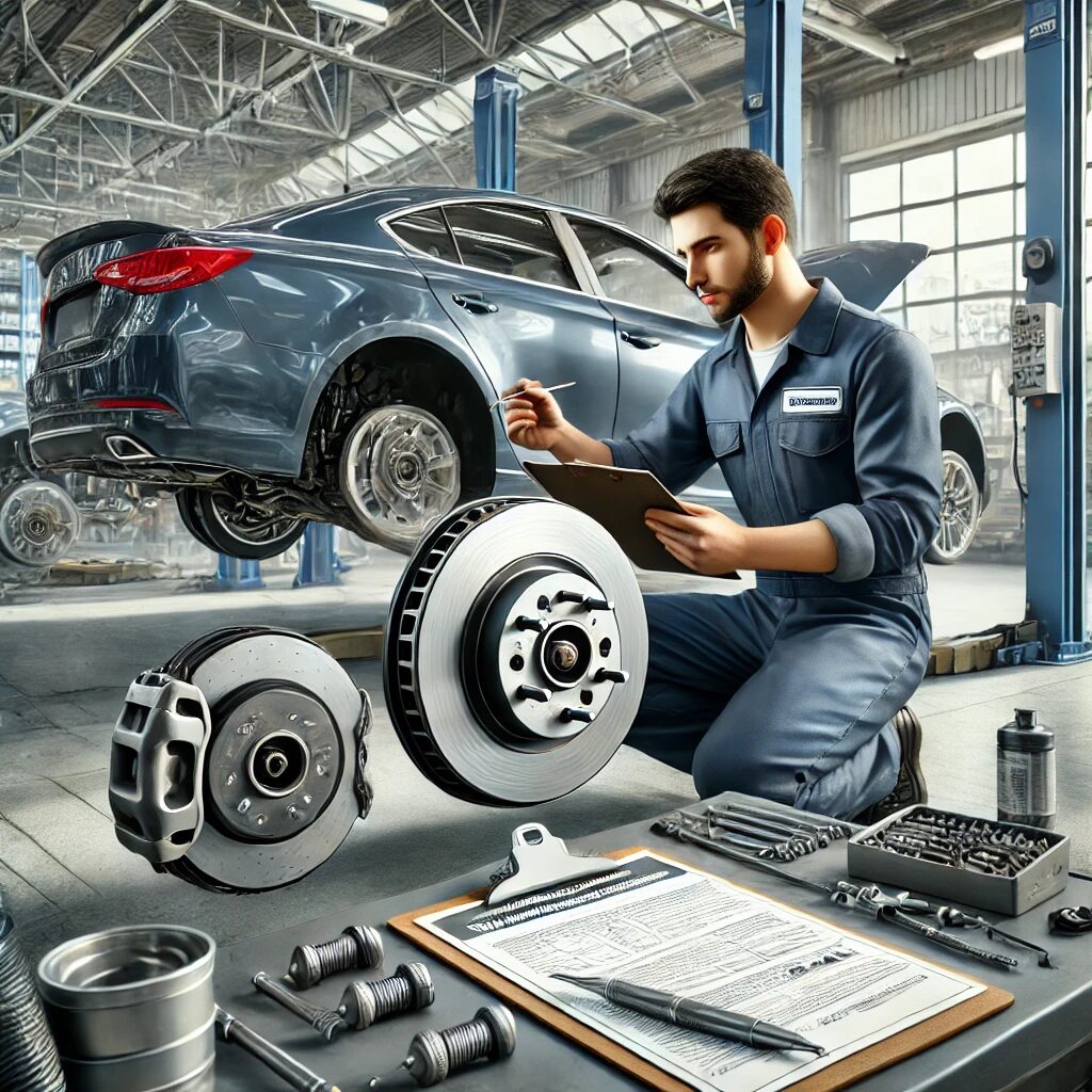 A mechanic in a workshop inspecting a car's brake system with various tools and brake components laid out on a table.