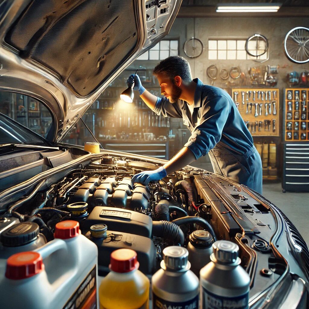 Mechanic using a flashlight to inspect a car engine in a well-equipped workshop, with various car fluids in the foreground.