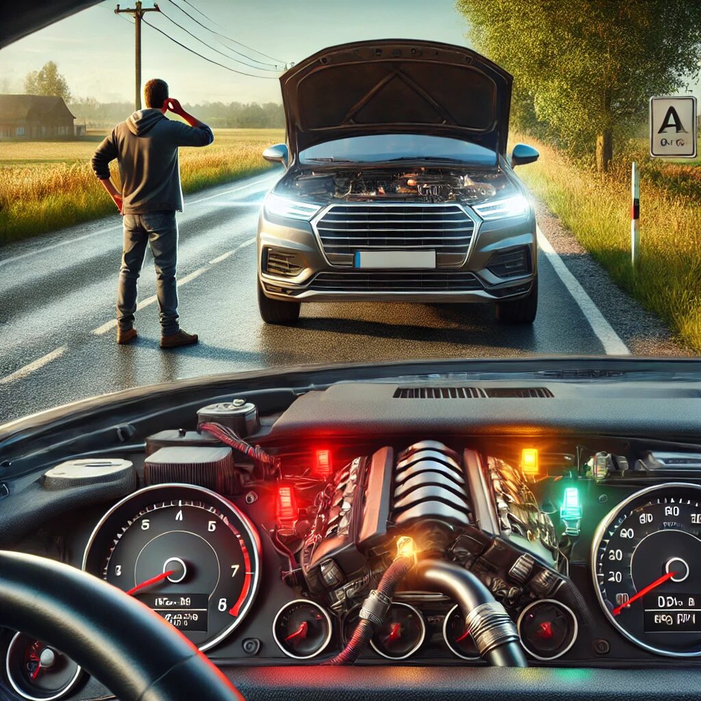 A driver stranded with a broken-down car on a rural road, emphasizing the importance of regular vehicle tune-up maintenance.