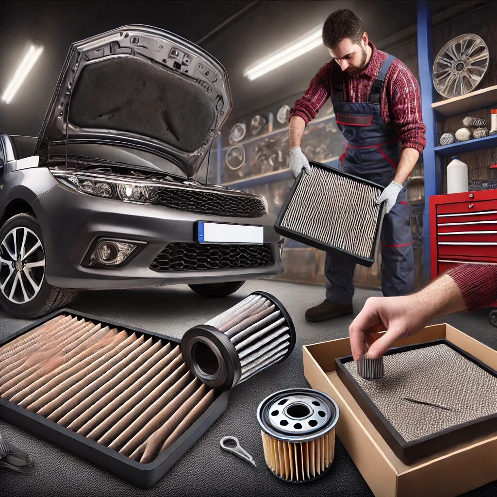 A mechanic replacing air filters in a garage, emphasizing the importance of regular car maintenance for vehicle performance.